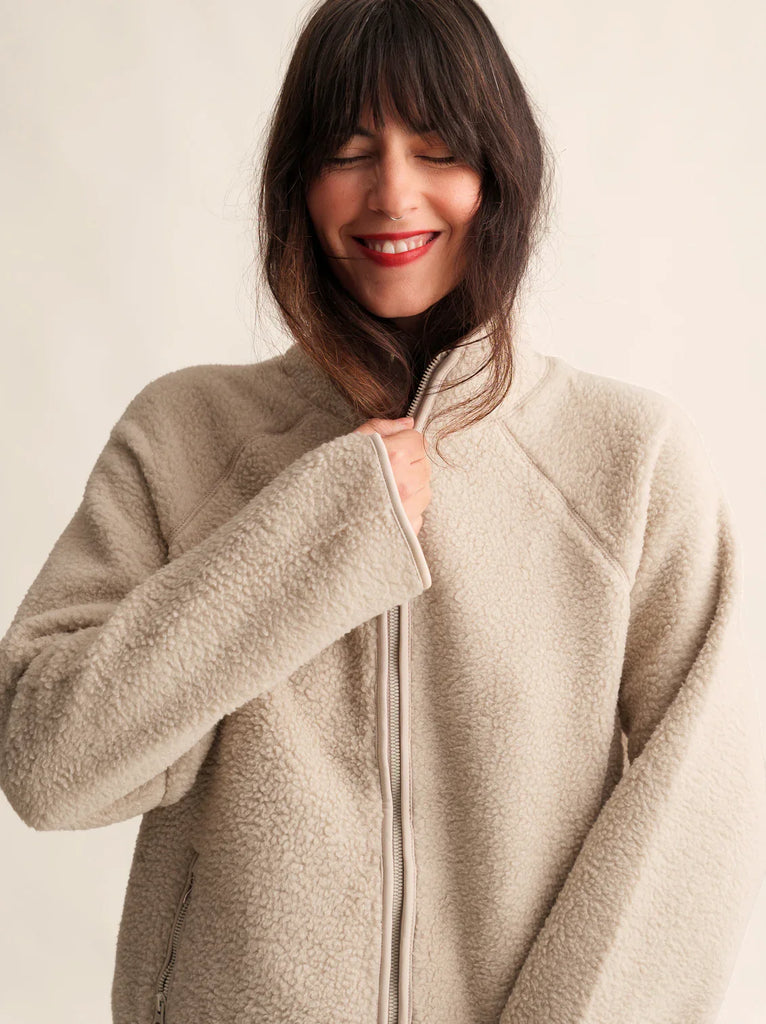 Sugar Pie Fleece — beige fleece zip-up on model — MYFASHIONFRUIT