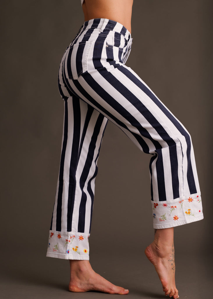 Mistral Pants — Striped pants with floral cuff detail on model — MYFASHIONFRUIT