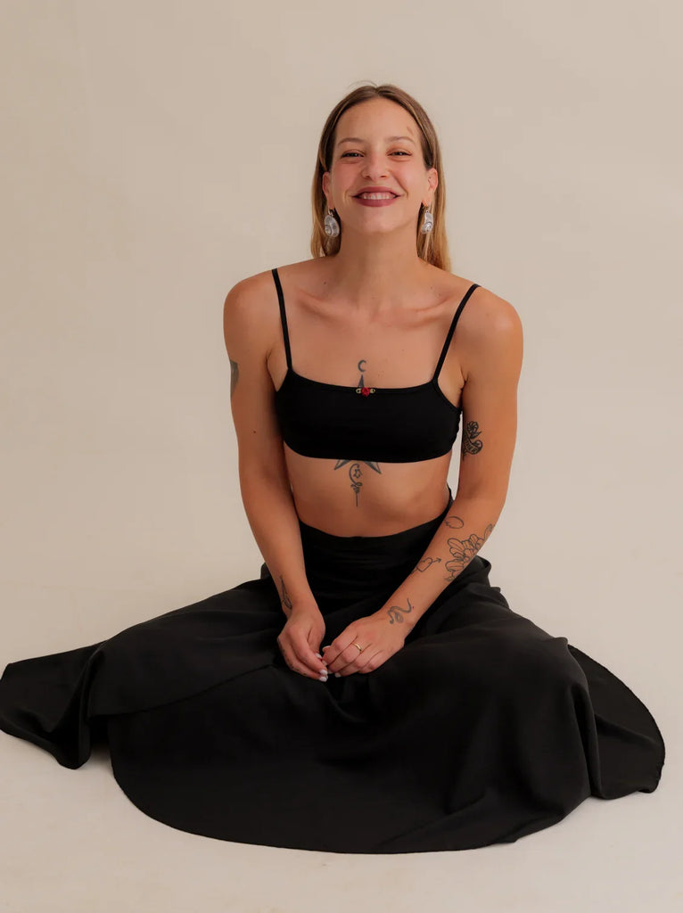 Alanis Noir Skirt — Black midi skirt on model — MYFASHIONFRUIT