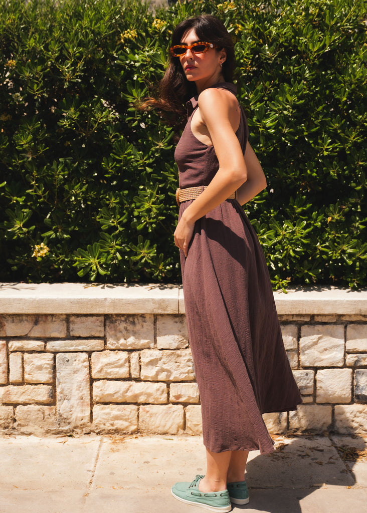 Bruna Dress — Brown midi dress with belt on model — MYFASHIONFRUIT