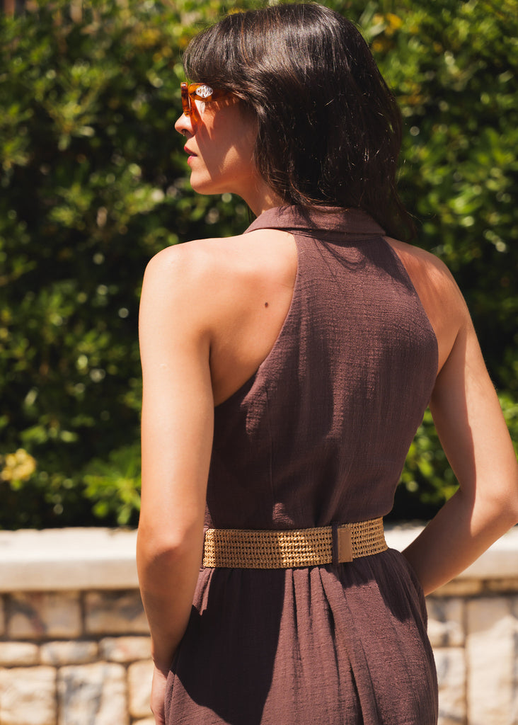 Bruna Dress — Brown dress with woven belt on model — MYFASHIONFRUIT