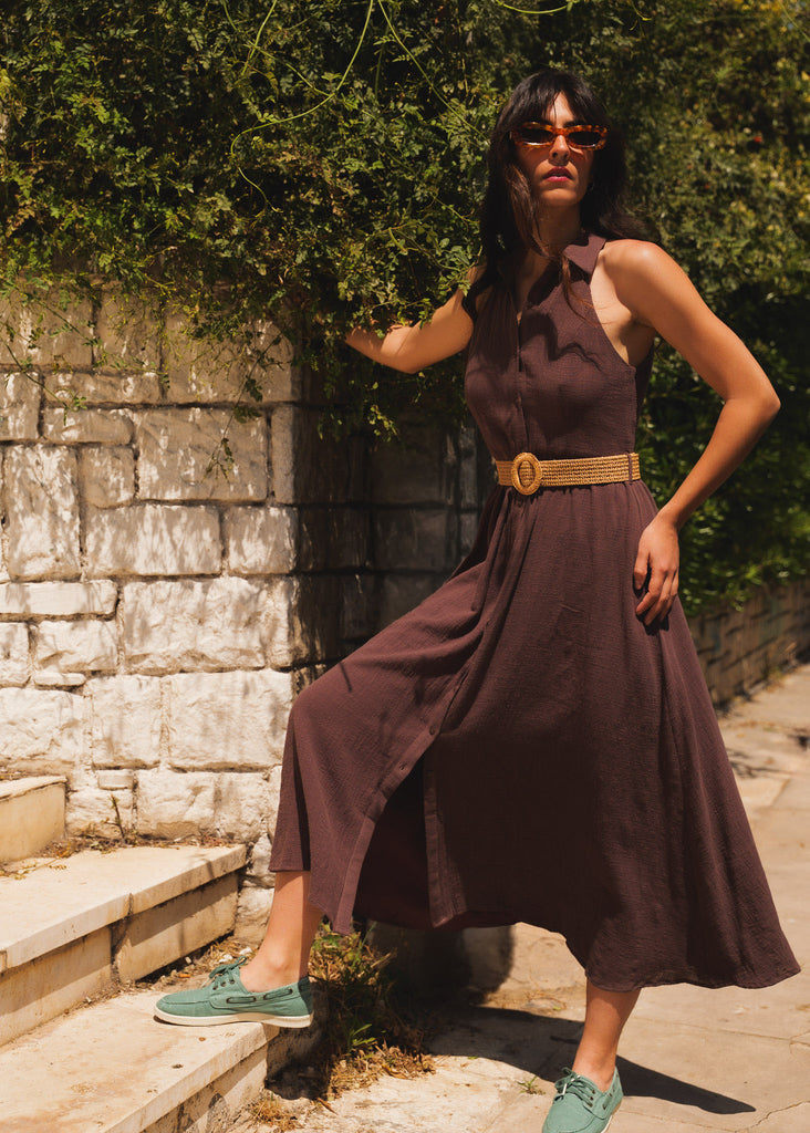 Bruna Dress — Brown midi dress with raffia belt on model — MYFASHIONFRUIT