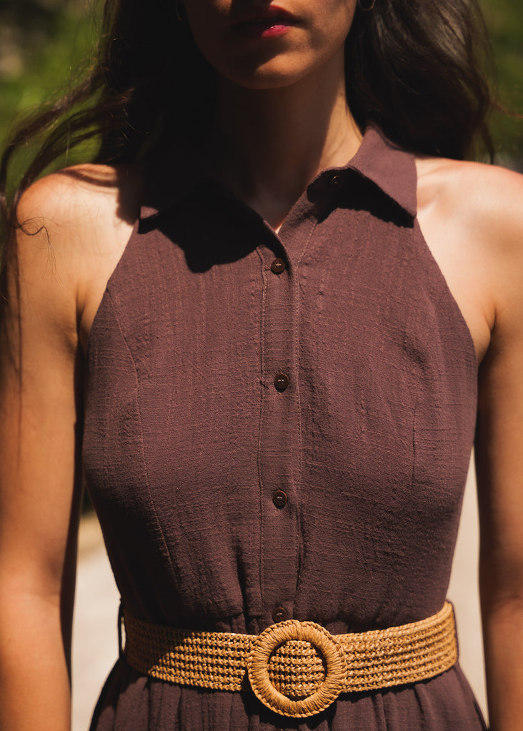 Bruna Dress — Plum dress with straw belt on model — MYFASHIONFRUIT