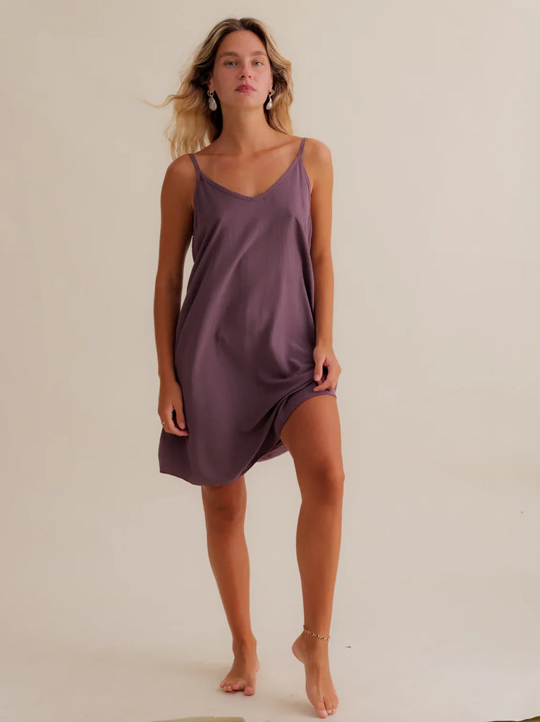 Coladas Dress — Purple slip dress, on model — MYFASHIONFRUIT