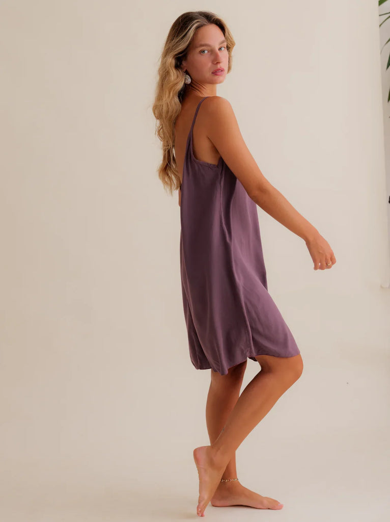 Coladas Dress — Purple slip dress on model — MYFASHIONFRUIT