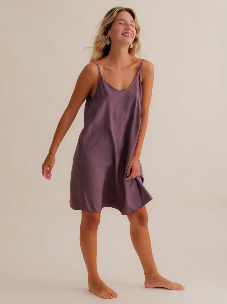 Coladas Dress — Purple slip dress, on model — MYFASHIONFRUIT