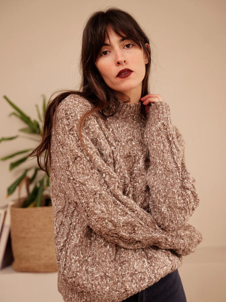 Taffy Sweater — Brown and white knit on model — MYFASHIONFRUIT