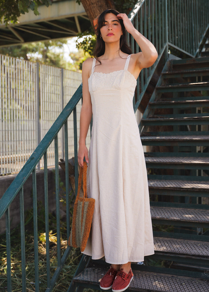 Adriana Dress — Beige dress with lace, on model — MYFASHIONFRUIT