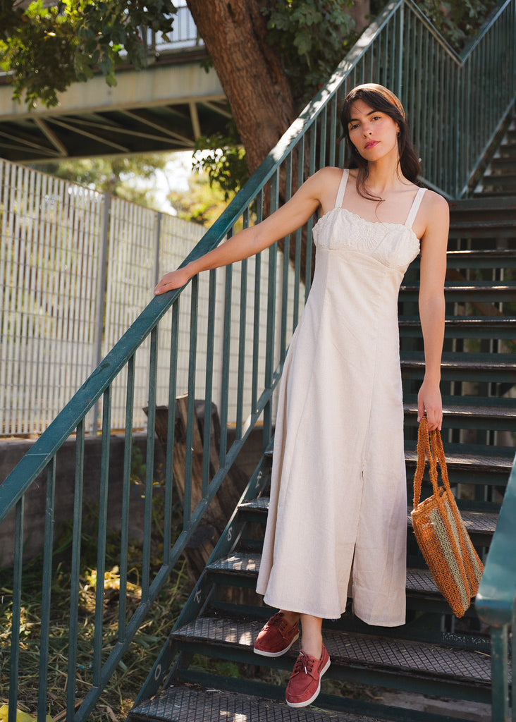 Adriana Dress — Beige midi dress on model — MYFASHIONFRUIT