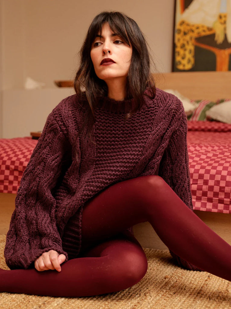 Serenata Sweater — Knit sweater in aubergine on model — MYFASHIONFRUIT