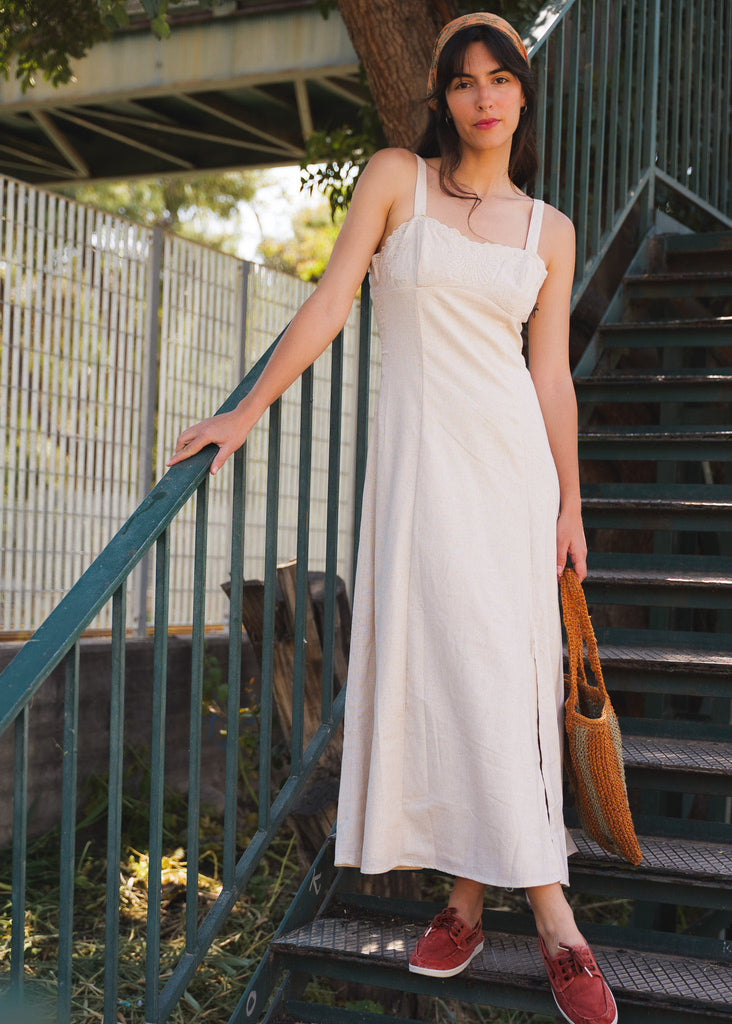 Adriana Dress — Cream midi dress with lace, on model — MYFASHIONFRUIT
