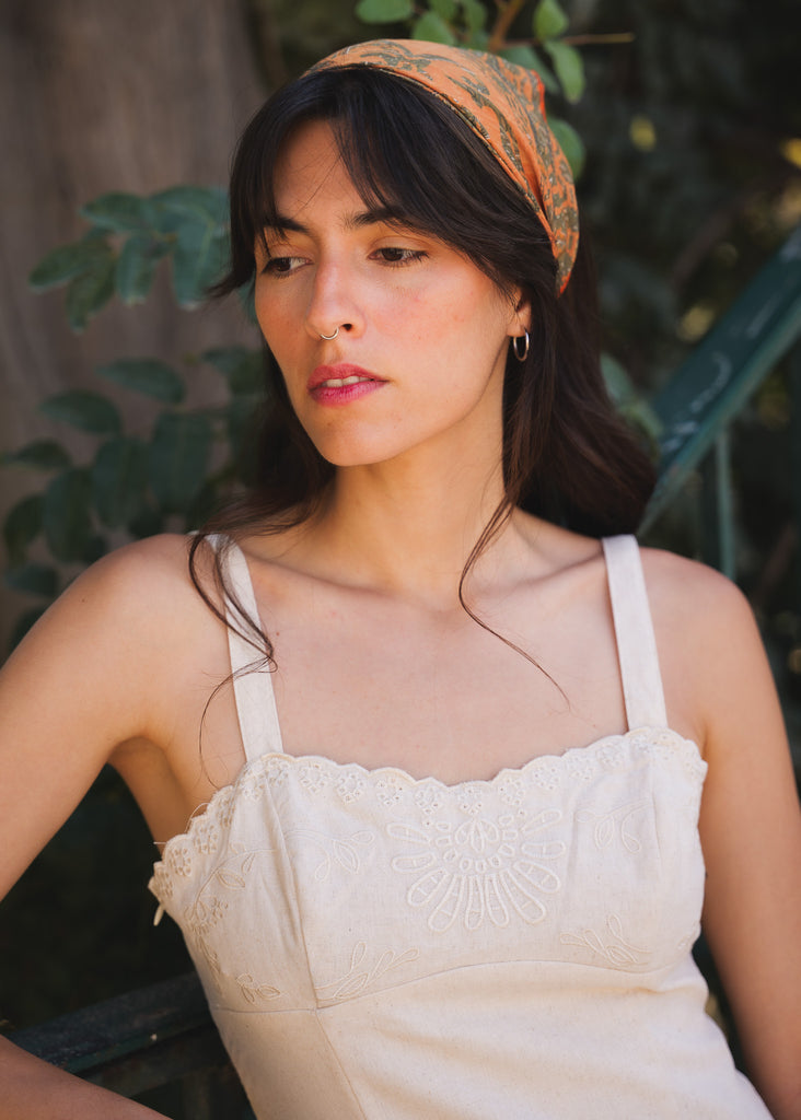 Adriana Dress — Cream dress with embroidery on model — MYFASHIONFRUIT