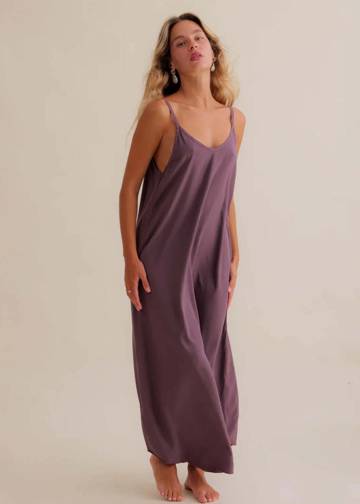 Granadas Dress — Purple maxi dress, V-neck, thin straps, on model — MYFASHIONFRUIT