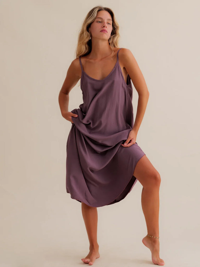 Granadas Dress — Purple slip dress on model — MYFASHIONFRUIT
