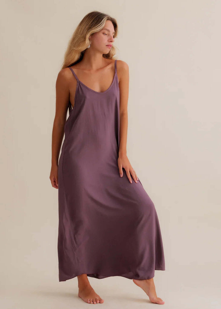 Granadas Dress — Maxi slip dress in purple on model — MYFASHIONFRUIT