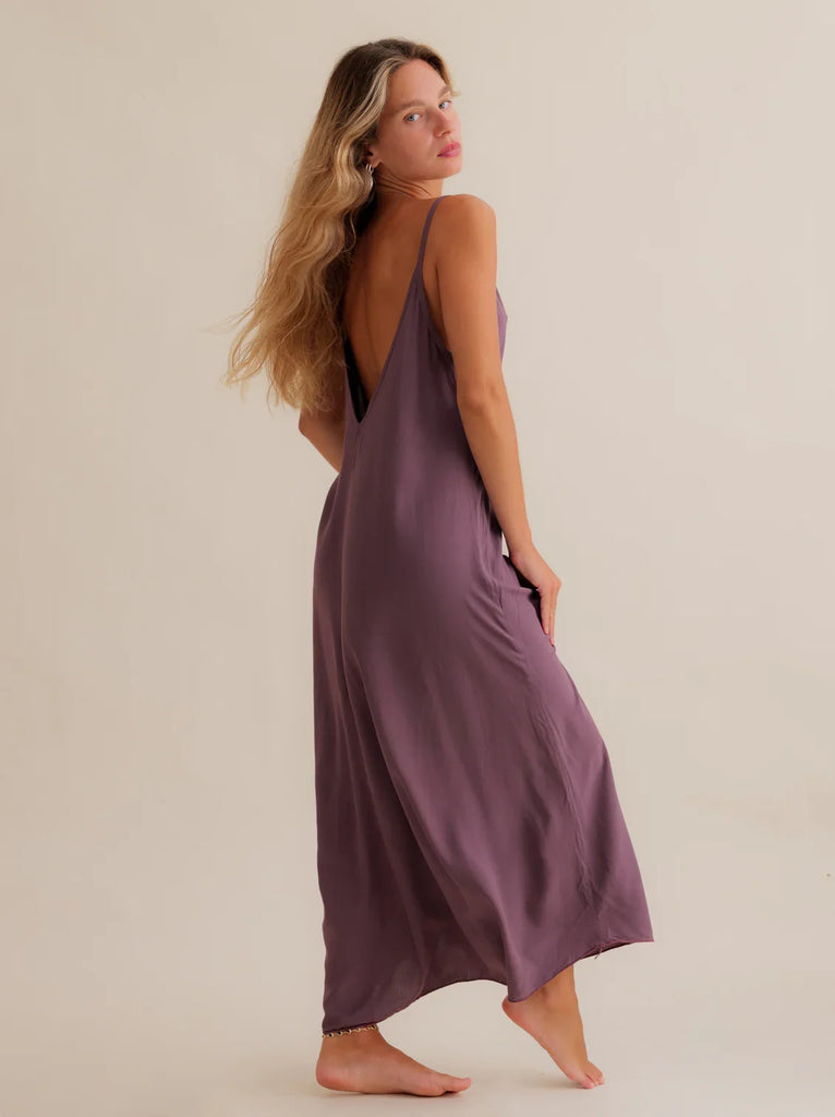 Granadas Dress — Dusty purple maxi dress with low back on model — MYFASHIONFRUIT