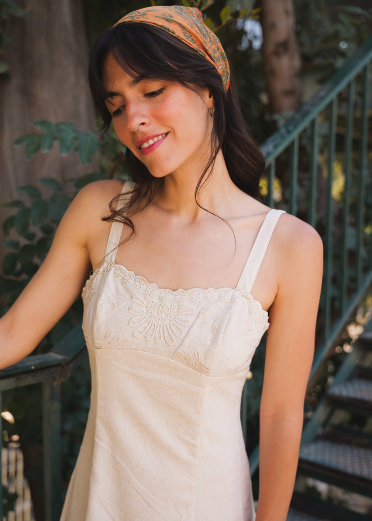 Adriana Dress — Dress with embroidery detail on model — MYFASHIONFRUIT