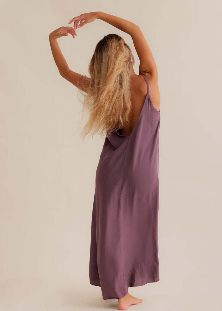 Granadas Dress — Dusty purple slip dress on model — MYFASHIONFRUIT