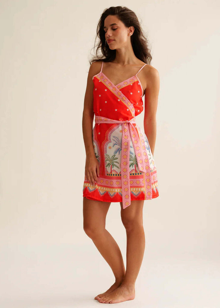 Delfina Dress — Red star print wrap dress on model — MYFASHIONFRUIT