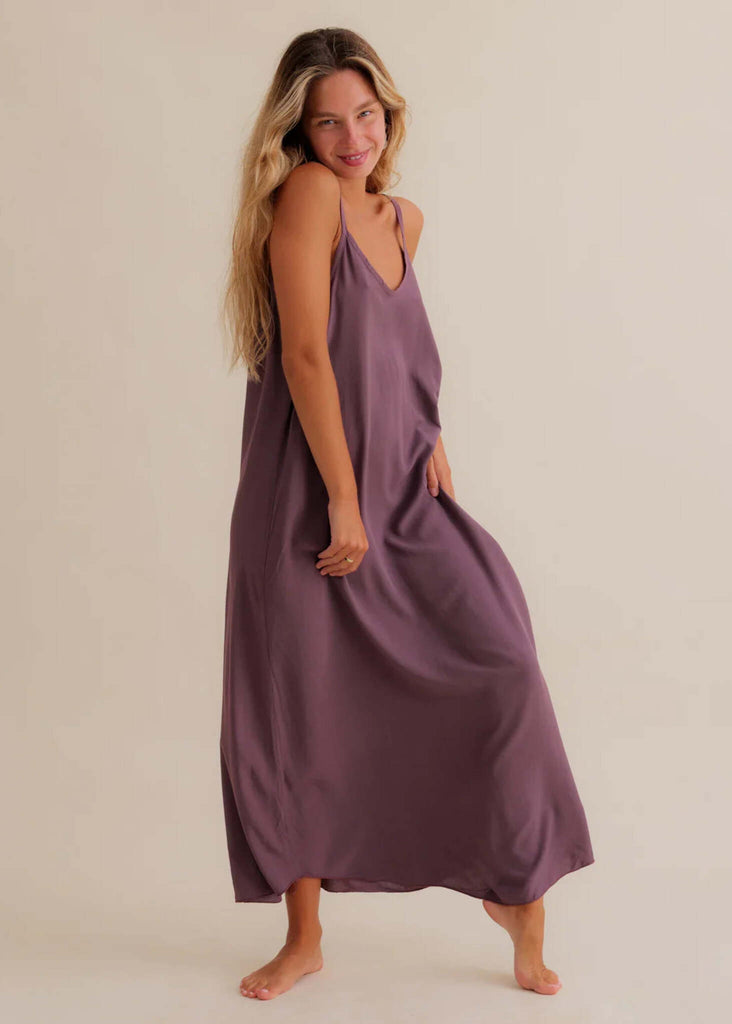 Granadas Dress — Purple maxi dress with spaghetti straps on model — MYFASHIONFRUIT