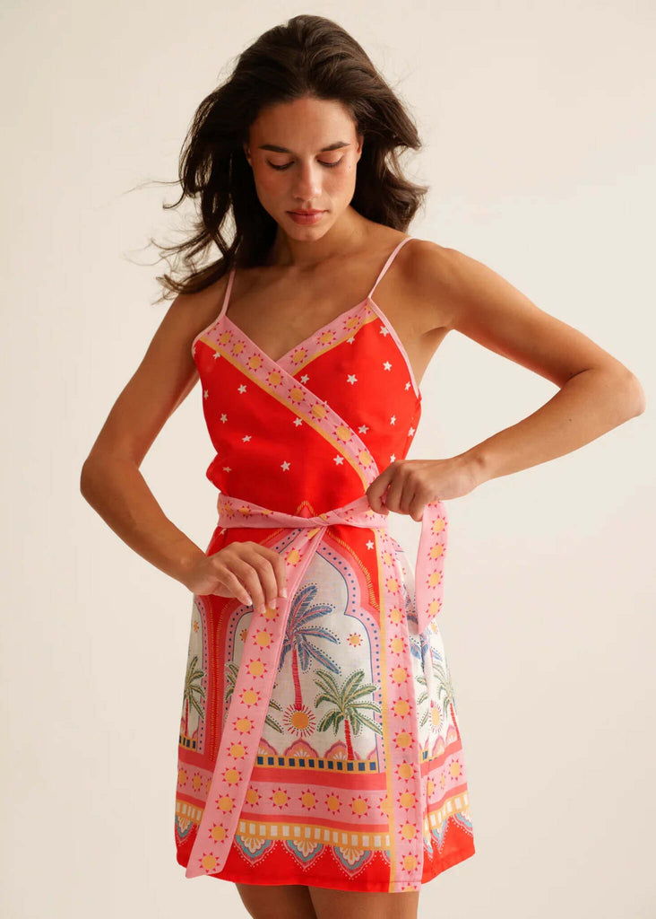Delfina Dress — Red print dress with pink sash on model — MYFASHIONFRUIT