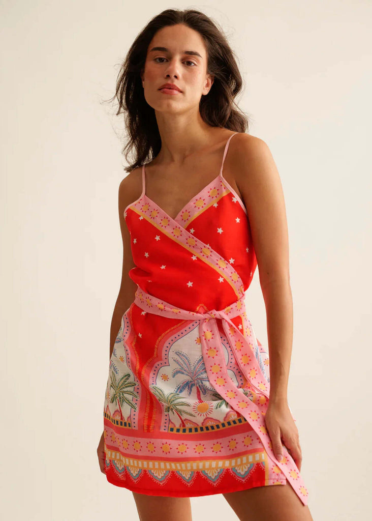 Delfina Dress — Red print mini dress on model — MYFASHIONFRUIT