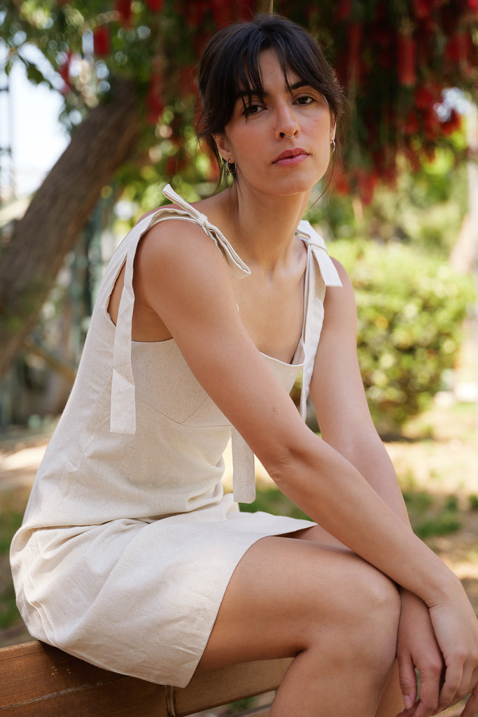 Sienne Dress — Beige linen dress on model — MYFASHIONFRUIT