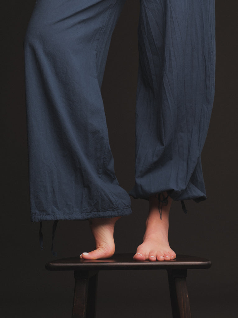 Almyra Pants — Blue, wide-leg pants on model, detail — MYFASHIONFRUIT