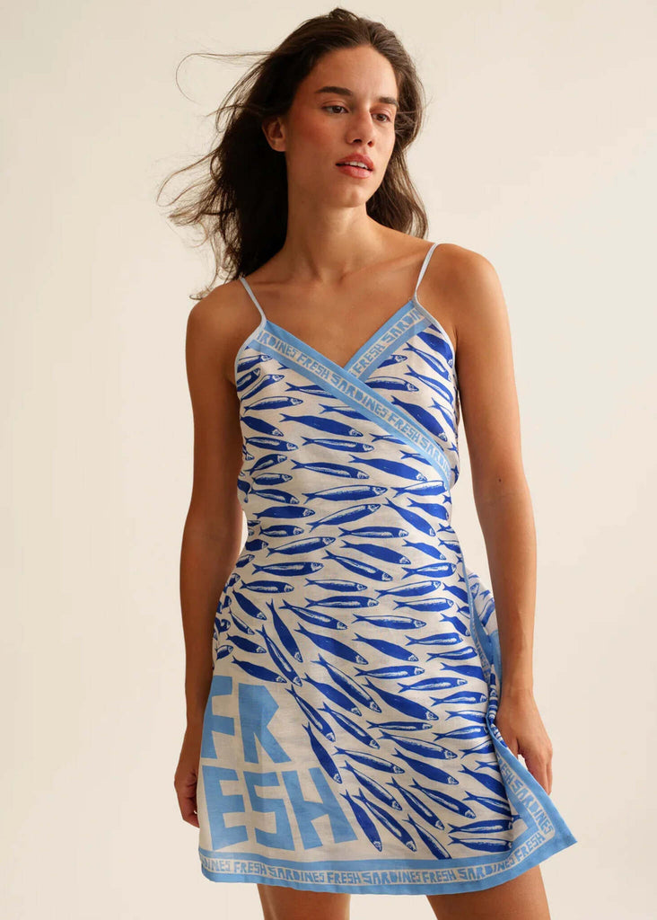 Delfina Dress — Blue fish print dress on model — MYFASHIONFRUIT