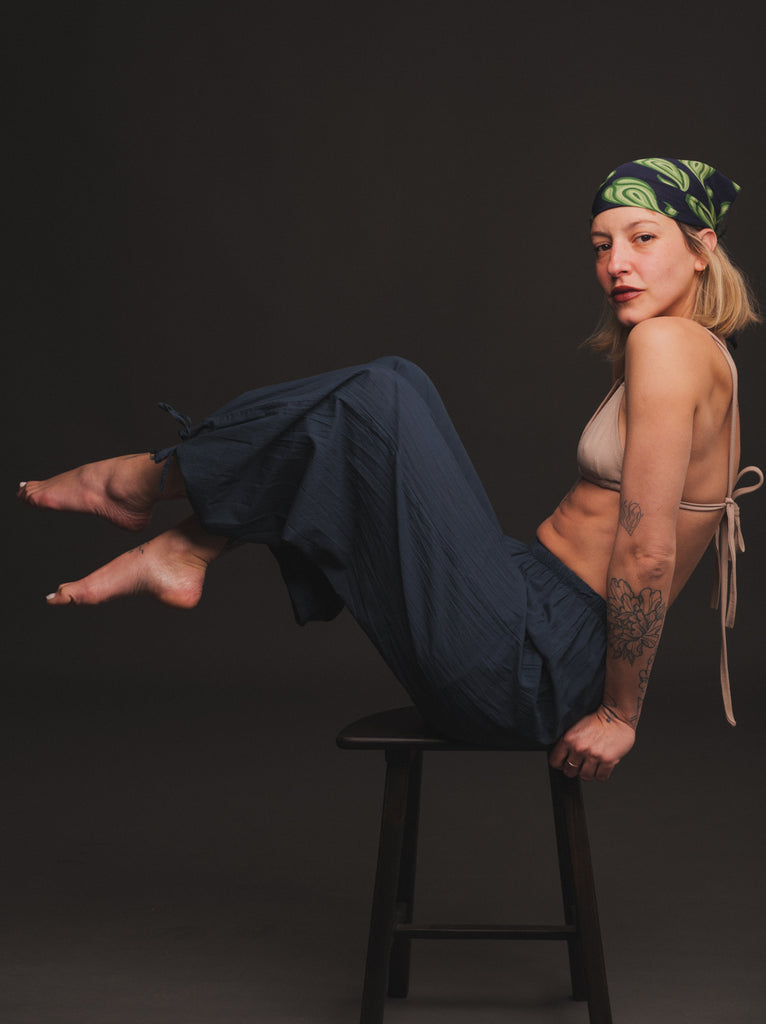 Almyra Pants — Dark blue pants with ties on model — MYFASHIONFRUIT