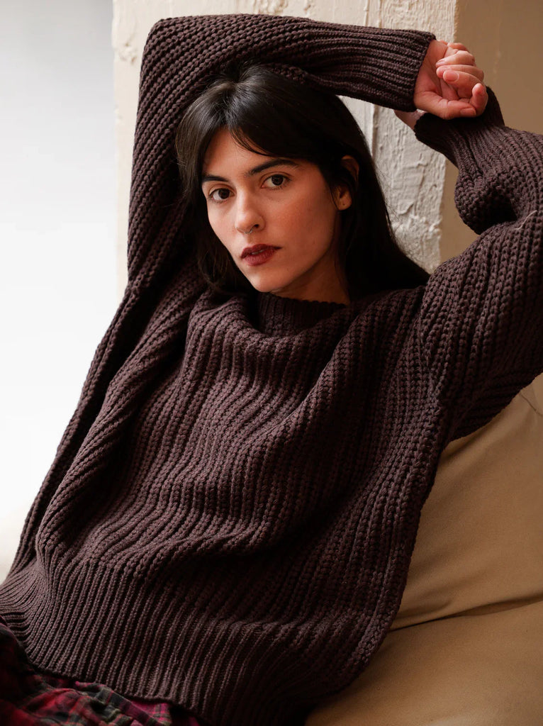 Margaux Sweater — Brown ribbed knit on model — MYFASHIONFRUIT