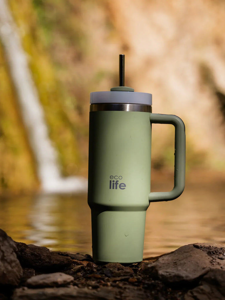 Ecolife Bay Leaf Thermos — Green thermos with handle, detail — MYFASHIONFRUIT