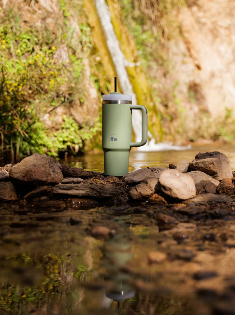 Ecolife Bay Leaf Thermos — Green thermos with straw near waterfall — MYFASHIONFRUIT