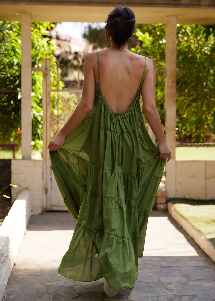 Hannah Dress — Olive green tiered maxi dress on model — MYFASHIONFRUIT