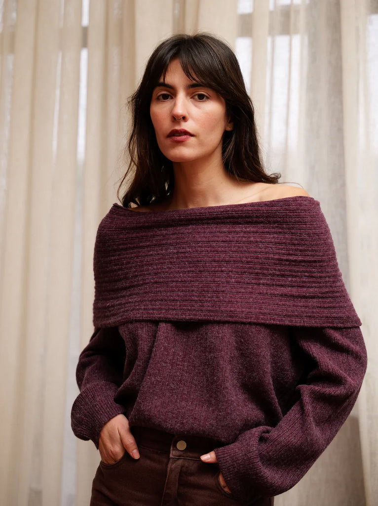 Wanda Sweater — Burgundy knit with off-shoulder neckline, on model — MYFASHIONFRUIT