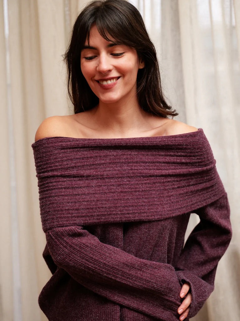 Wanda Sweater — Purple off-shoulder knit on model — MYFASHIONFRUIT