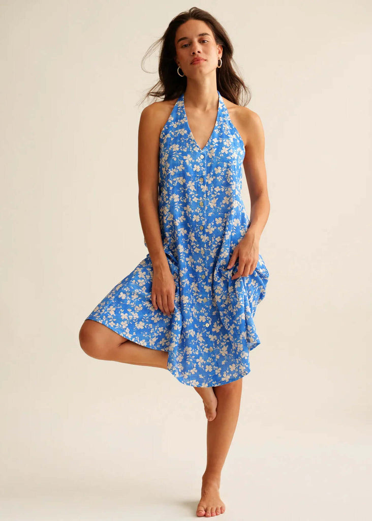 Zahara Dress — Blue floral halter dress on model — MYFASHIONFRUIT