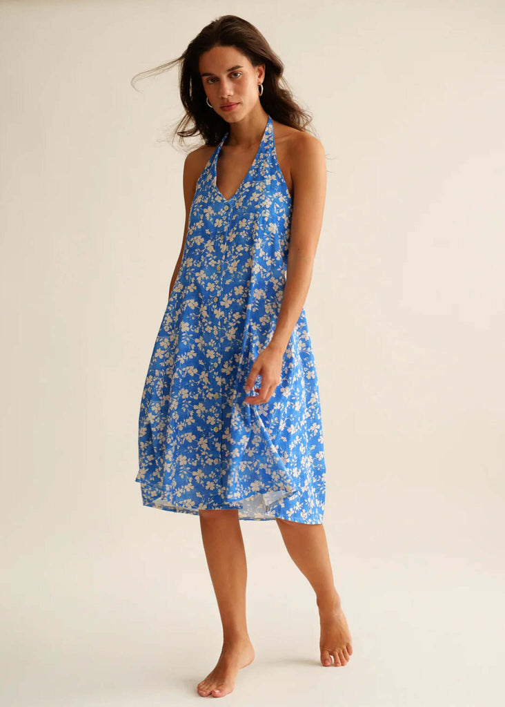 Zahara Dress — Blue floral halter dress on model — MYFASHIONFRUIT