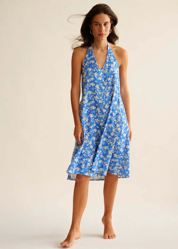 Zahara Dress — Blue floral halter dress on model — MYFASHIONFRUIT