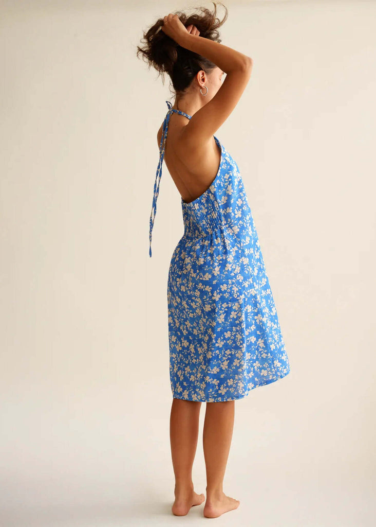 Zahara Dress — Blue floral mini dress on model — MYFASHIONFRUIT