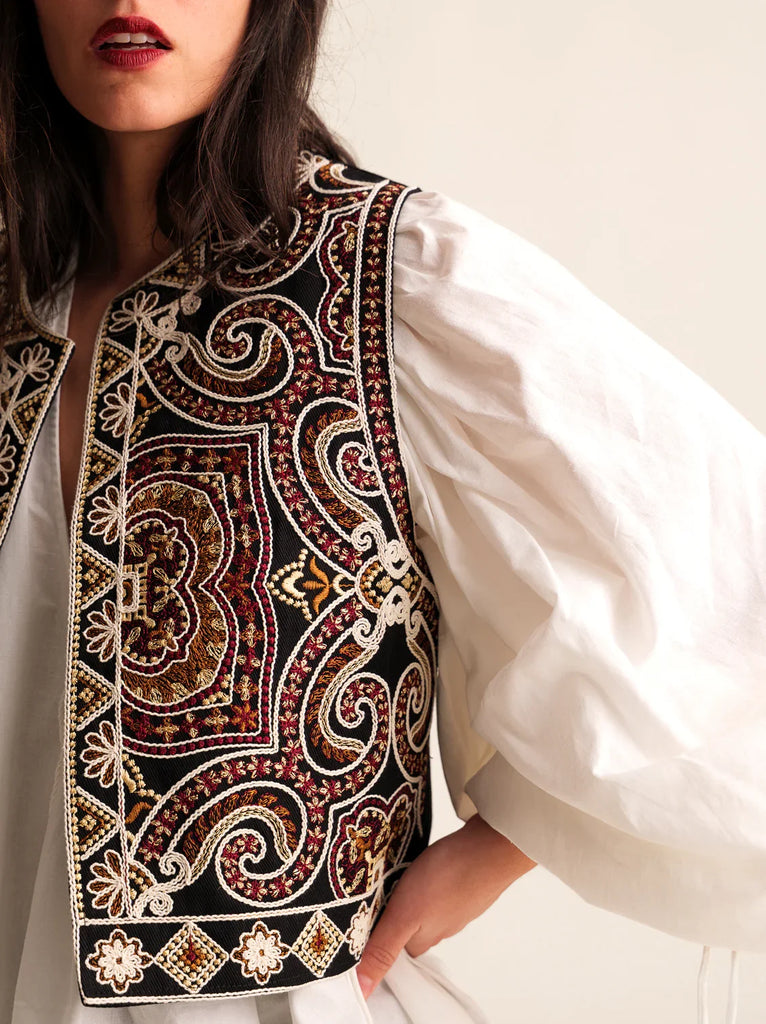Daphne Vest — Detail of embroidered vest on model — MYFASHIONFRUIT