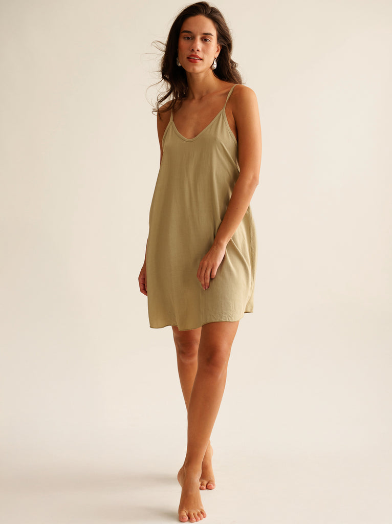 Coladas Dress — Olive green slip dress on a model — MYFASHIONFRUIT