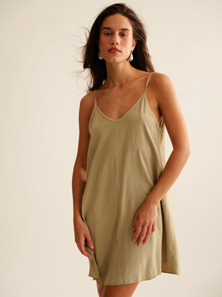Coladas Dress — Olive green slip dress on model — MYFASHIONFRUIT