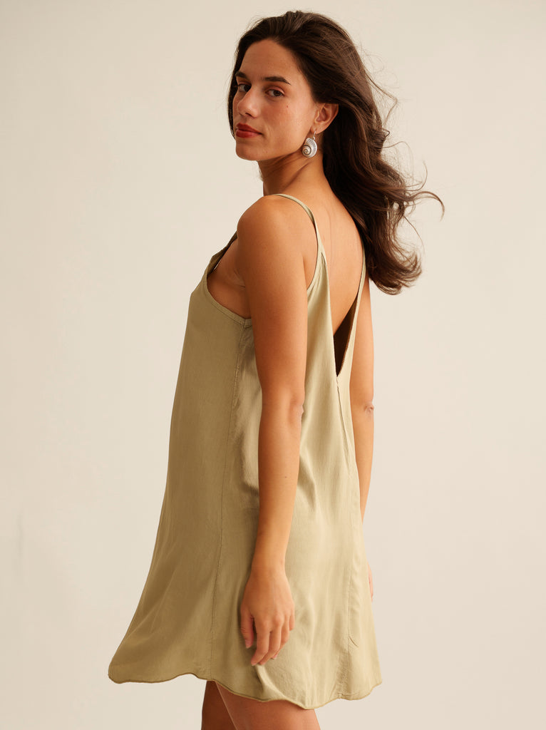 Coladas Dress — Sage green slip dress on model — MYFASHIONFRUIT