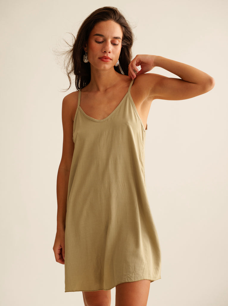 Coladas Dress — Olive green slip dress on model — MYFASHIONFRUIT