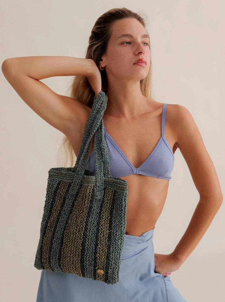 Crochet Striped Bag - Pistachio & Indigo on model — striped knit bag — MYFASHIONFRUIT