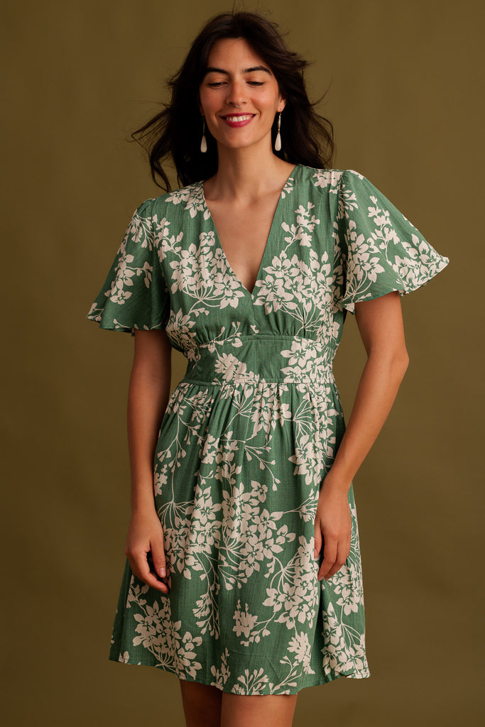 Yuzu Dress — Green floral dress on model — MYFASHIONFRUIT