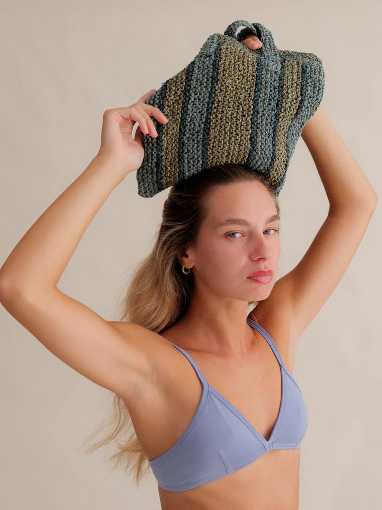 Crochet Striped Bag — green striped bag on model — MYFASHIONFRUIT