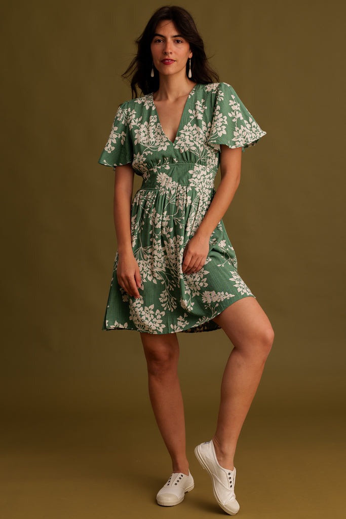 Yuzu Dress — Green floral dress on model — MYFASHIONFRUIT