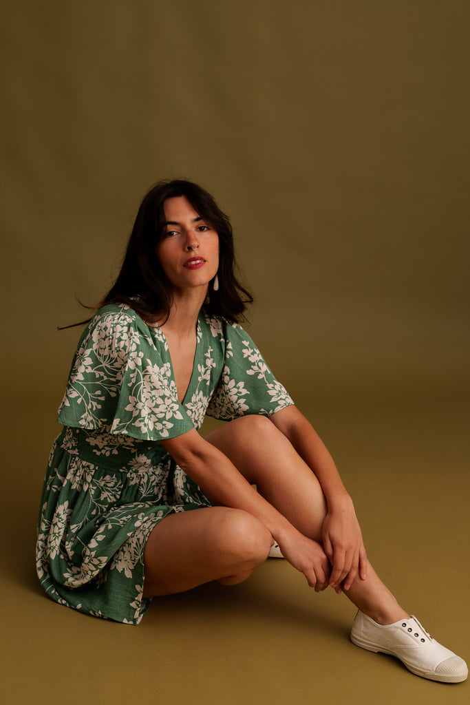 Yuzu Dress — Dress with white floral print on model — MYFASHIONFRUIT